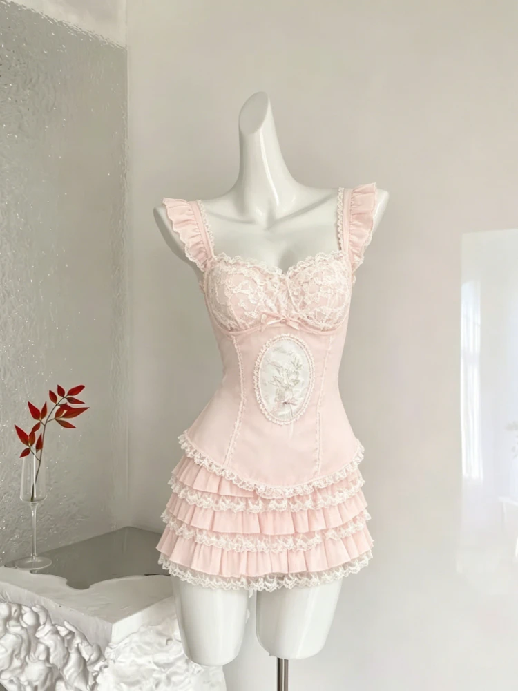 

Summer Casual Sweet 2 Piece Set for Women Lace Flying Sleeve Layered Cake High Waist Design Mini Skirt Suit Daily Woman Outfits
