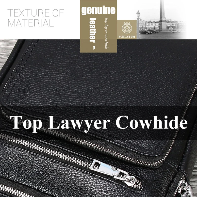 SCHLATUM Genuine Leather Men Crossbody Shoulder Bag Cowhide Black Messenger Bag for iPad Big Size Men's Handbags Casual Business