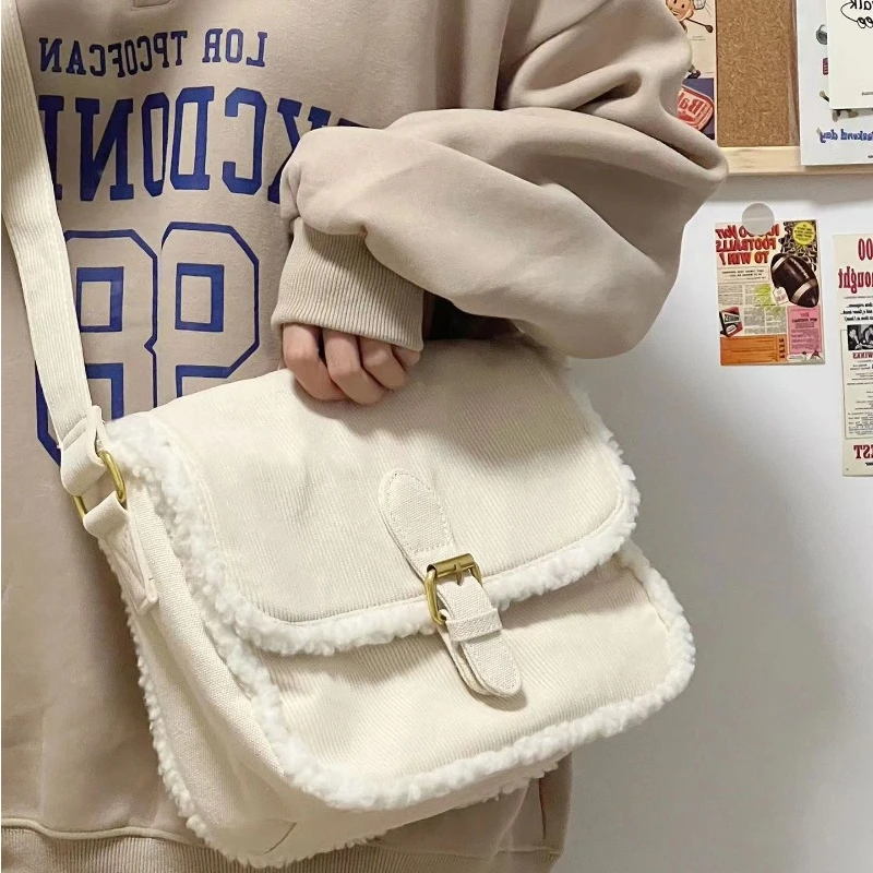 2024 New Women Patchwork Fluffy Shoulder Bag Korean Vintage Simple Casual Handbags Winter Preppy Ins Solid Crossbody Bags Trendy