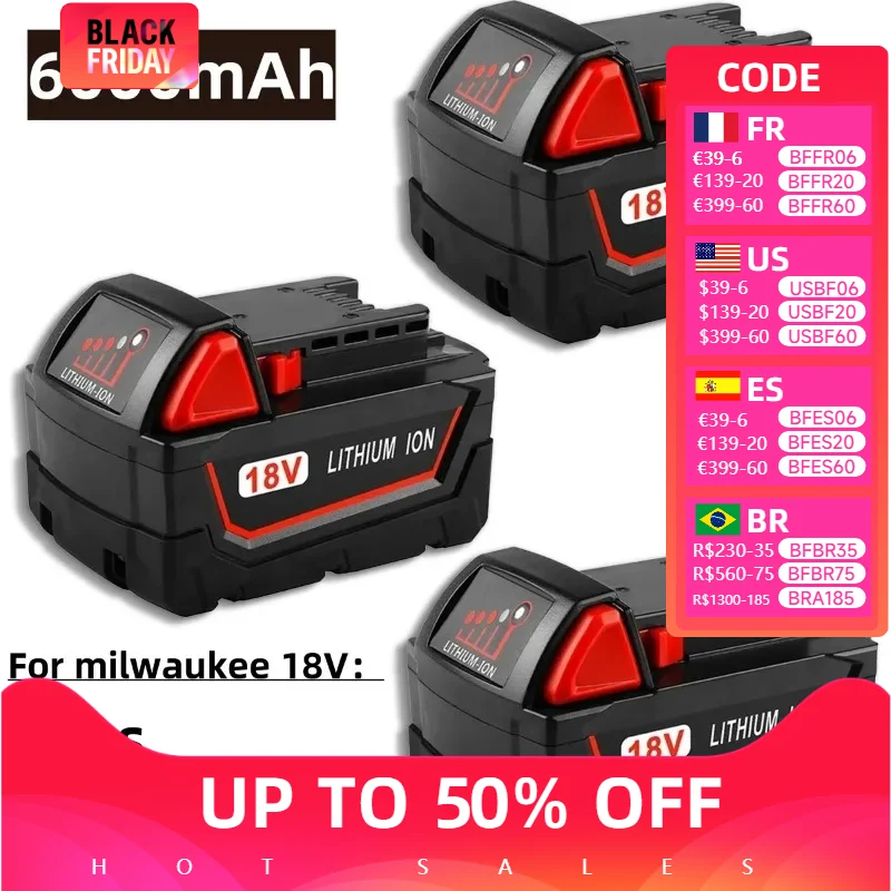 For Milwaukee M18 Power Tool Battery, Charger, 18V 6000mAh, BR, XC, 18V,  M18B5, 48-11-1860, Built-in 21700 Battery