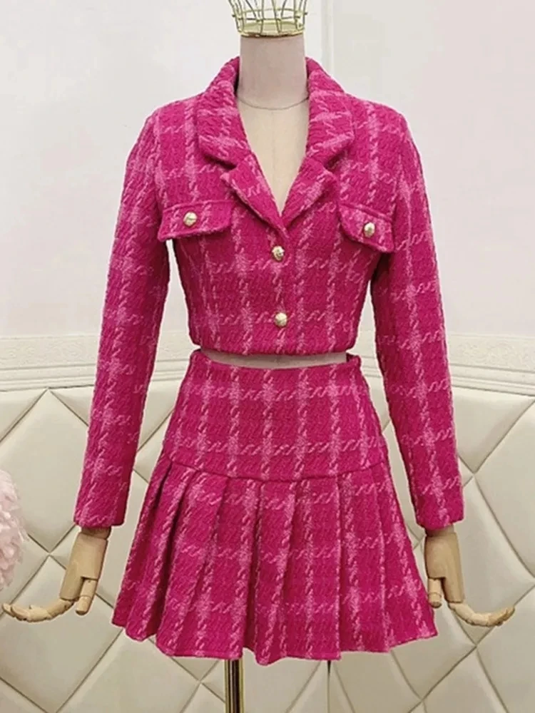 Autumn Small Fragrance Vintage Tweed Two Piece Set Elegant Korea Rose Red Women Crop Top Woolen Short Jacket Coat + Mini Skirts