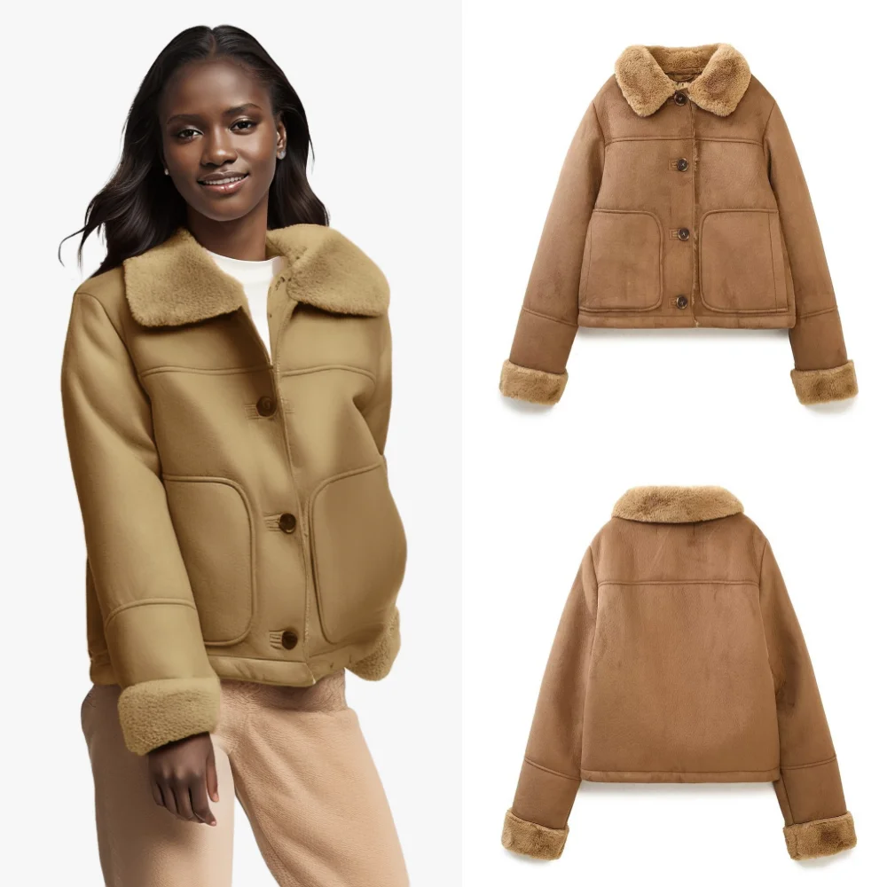 

Winter Vintage Suede Jacket Women Fashion Warm Fleece Mustang Jackets Oversize Chic Elegant Outwear Aesthetic
