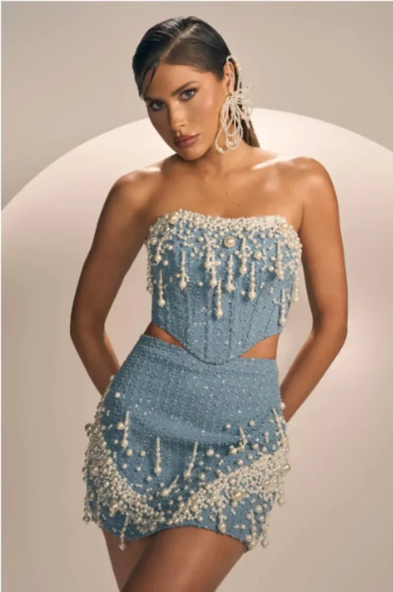 Sexy 3D Pearls Beaded Tassels Sequined Camis Strapless High Waist Beading Fringed Denim Tank Tops + Shiny A-Line Skirt 2Pcs Set