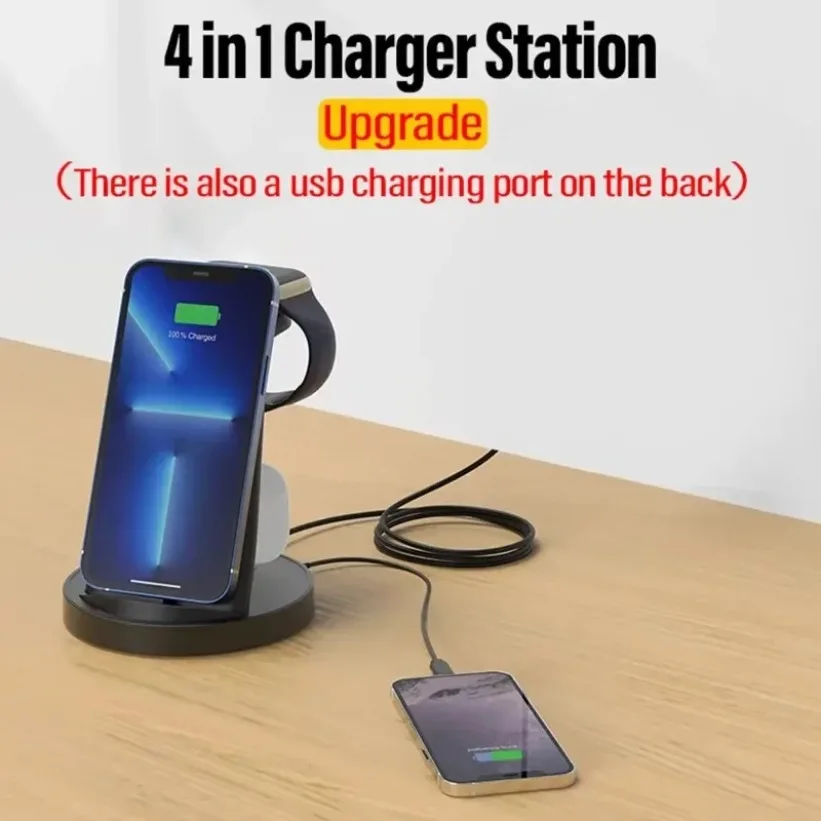 Portable Wireless Charger For iPhone Apple Watch AirPods 4 In 1 Stand Fast Station Dock USB Safe Black White Case