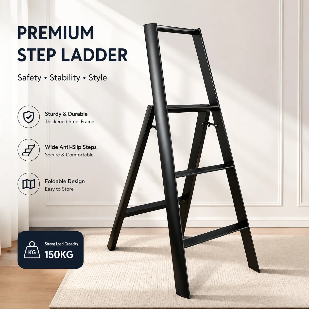 3-Step Aluminum Folding Step Ladder – Lightweight, Compact & Portable with Anti-Slip Pedal and Non-Slip Feet
