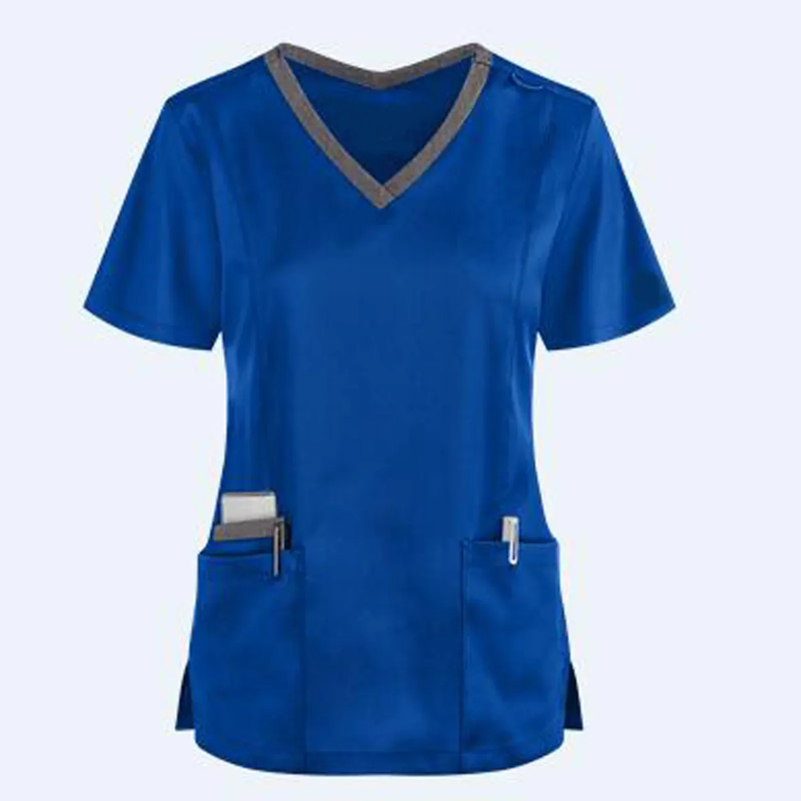 Women's Pocket Nursing Uniform Ladies Short Sleeve V-neck Pocket Care Workers Tops Nurse Working Medical Uniforms Blouse Tops