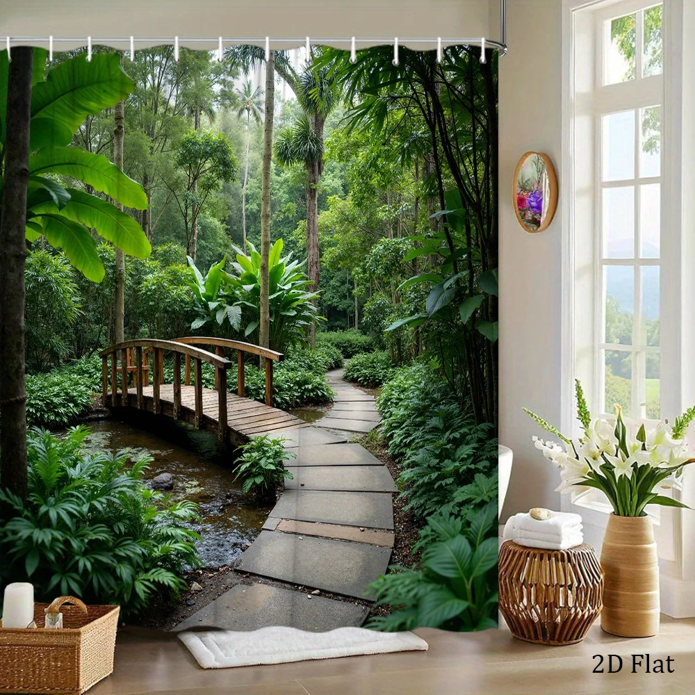 1pc a Garden-Themed Shower Curtain Featuring a Rustic Bridge And Tropical Foliage, Measuring 70.8 by 70.8 Inches, Complete with