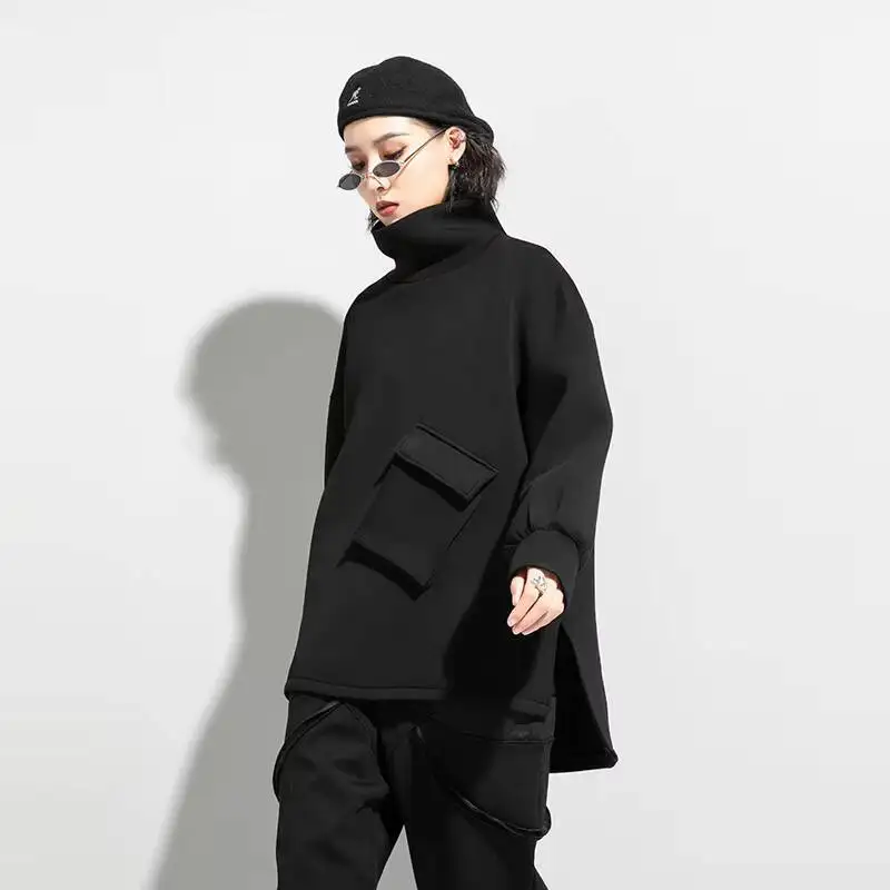 Ladies High Collar Garment Autumn Winter New Fashion Trend Splicing Pocket Irregular Design Leisure Loose Large Size Jacket