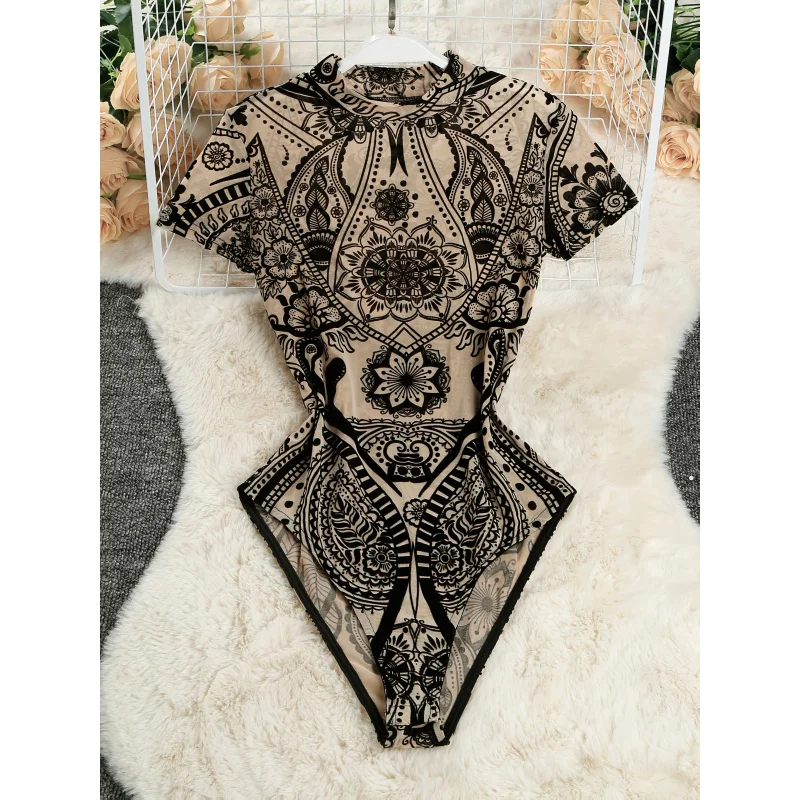 Young Y2K Sheer Floral Print Crew Neck Short Sleeve Rompe