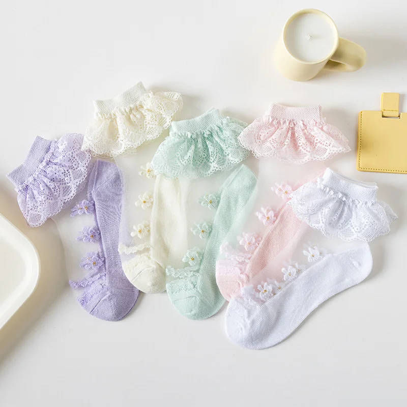 Chaussettes en dentelle cristal pour enfants, maille fine, bas de glace princesse, pur coton, blanc, bébé, filles, été