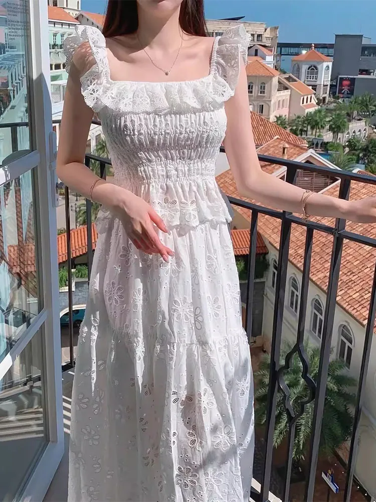 

Летний комплект Liangliang Gentle Wind: плиссированная юбка с вырезами и кружевом, женская, новая коллекция, с высокой талией, длинная, из хлопковой ткани.