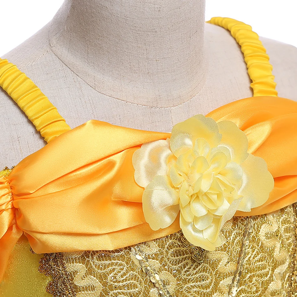 Girl Princess Belle Dress Beauty and the Beast Cosplay Costume LED Light Party Yellow Luxury Wedding Ball Gown Carnival Fancy