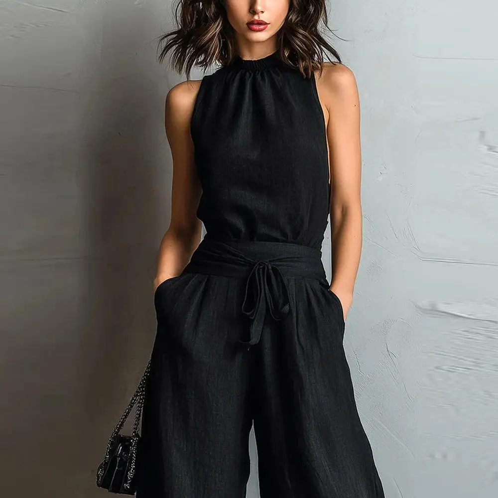 

Summer 2026 Women's One-Piece Wide Leg Pants Lace Splicing Casual Sleeveless High Waist Long Pants Pure Color Cross-Border