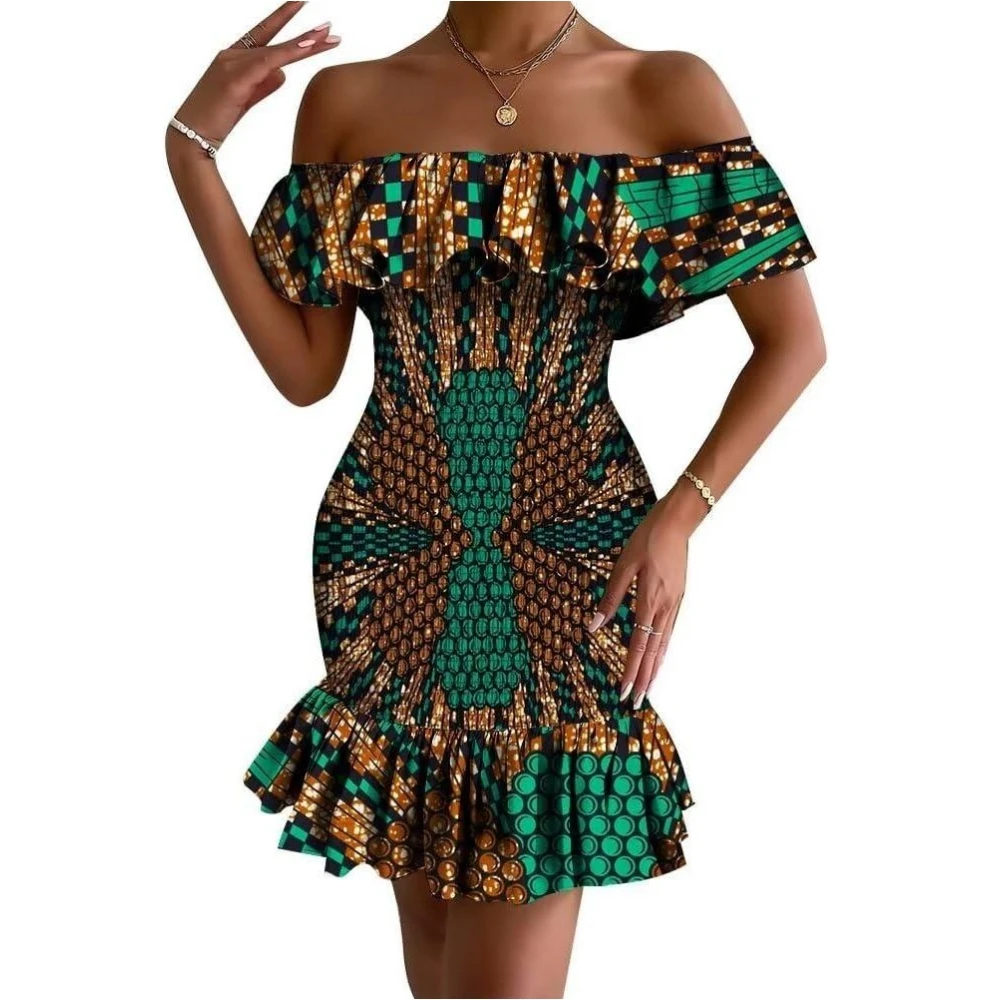 Women's Bodycon Dress Off Shoulder Ruffle Elasticated Ankara Dresses Summer African ankara Print Strentch Dresses WY10200