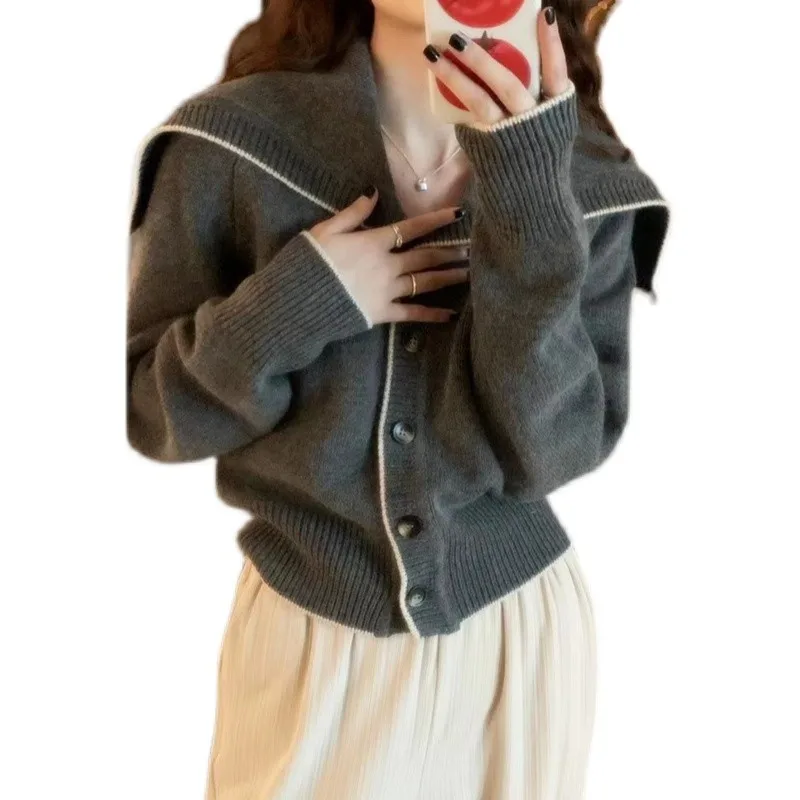 Navy collar cashmere knit cardigan women\'s new autumn and winter matching color loose sweater to show lean wool coat