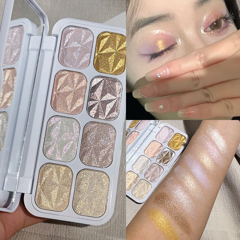 8 Colors Diamond Highlight Eye Shadow Plate Shimmer Glitter Eyeshadow Palette Waterproof Long-Lasting Sparkling Halloween Makeup