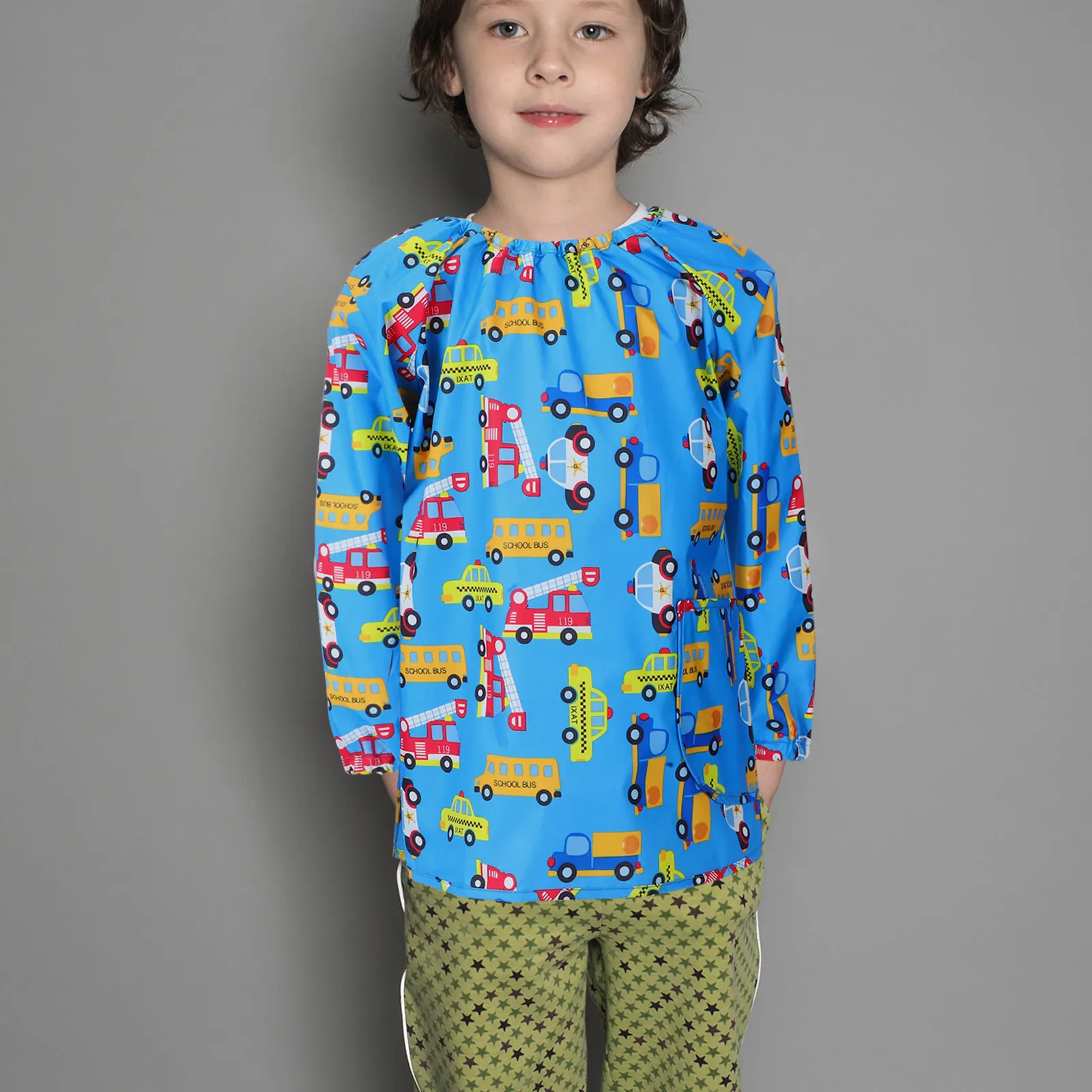 Delantal de pintura impermeable azul de manga larga para niños, bata de arte para niños, ropa para dibujar y manualidades, tela de poliéster reutilizable