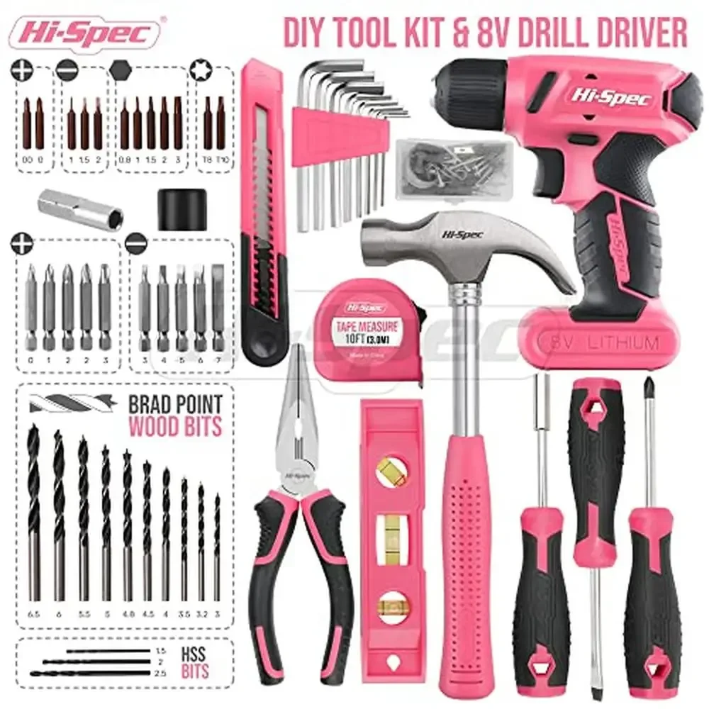 58pc Pink Tool Set Electric Drill Driver & Household Tool Kit USB Rechargeable Cordless Power Screwdriver Compact Lightweight