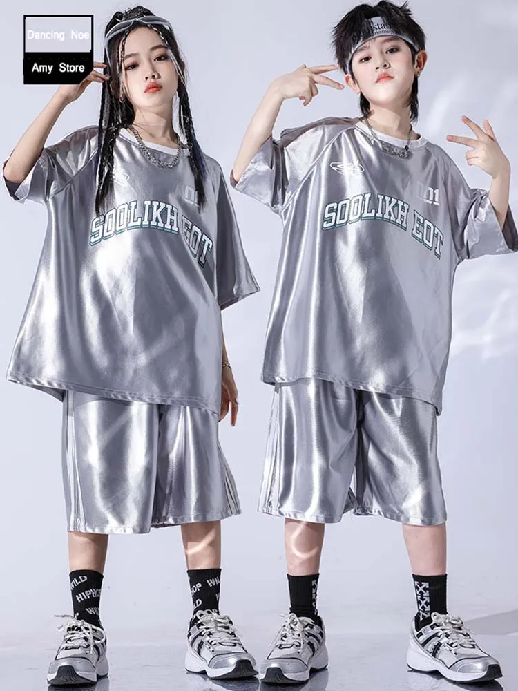 Cool Kids Jazz Street Dance Costume Hip Hop Dance Outfits Kpop Stage Performance Costume Silvery T-Shirt Shorts Summer AMY512