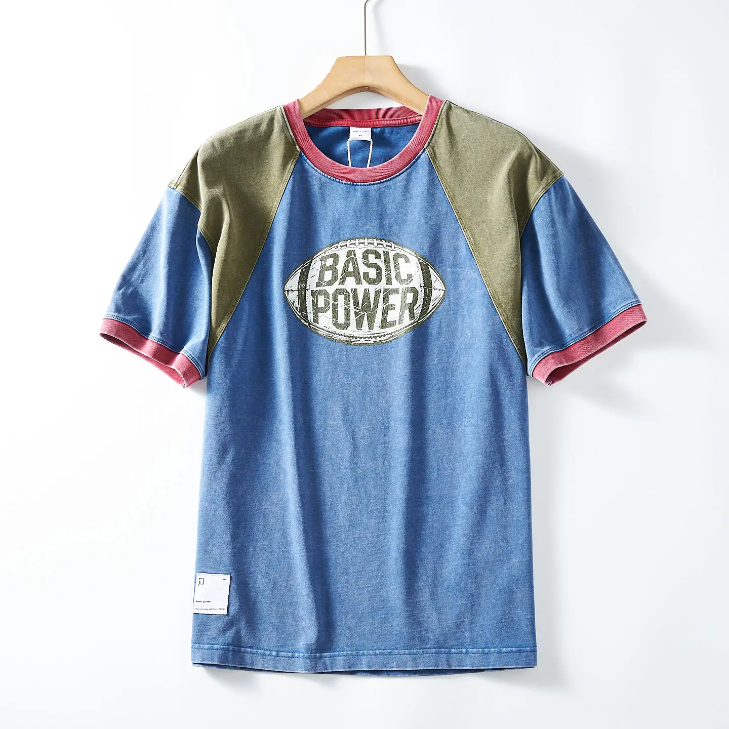 Summer New American Retro 300g Heavyweight Short-sleeved O-neck Two Colors Splicing T-shirt Men's 100% Cotton Baseball Tops