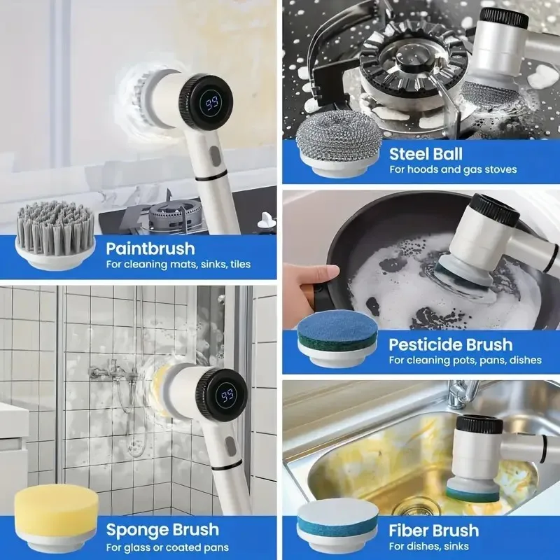 3 Speed Adjustable Electric Rotary Scrubber - 5 In 1 Cordless Electric Shower Scrubber With Digital Display - 5 Replaceable Nozz