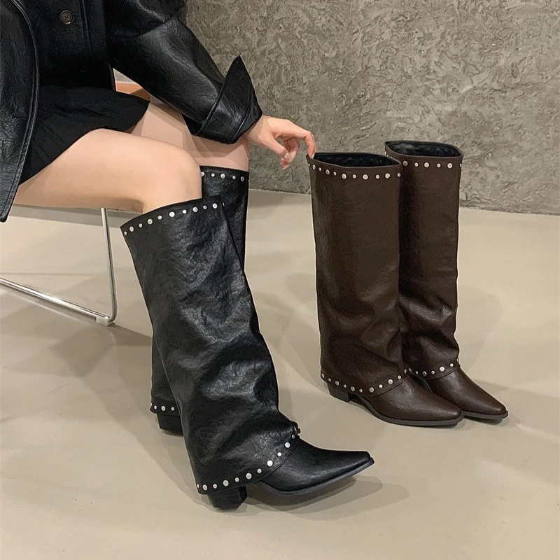 

Eilyken Design Style Rivet Splicing Woman Knee-High Boots Fashion Pointed Toe Square Heels Party Autumn Winter Shoes