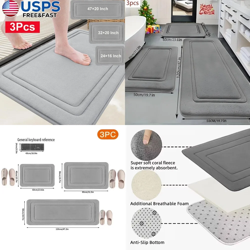 

3Pcs Bathroom Rugs Non Slip Bath Mats for Floor Tub Shower Soft Absorbent Waterproof Machine Washable Modern Design Home Decor