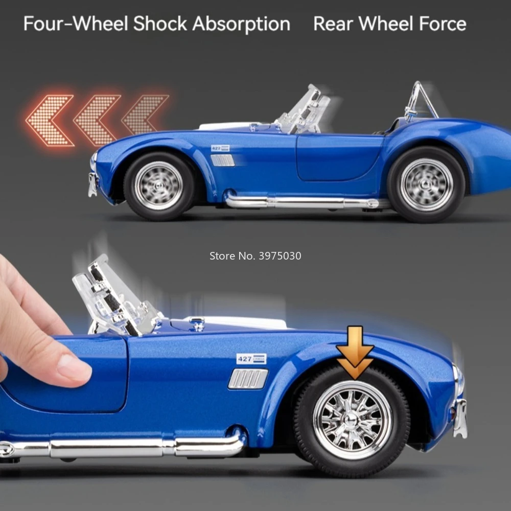 1:24 Shelby Cobra 427 Alloy Cars Models Diecast Toys with Pull Back Light Sound Miniature Vintage Car for Children Best Gifts