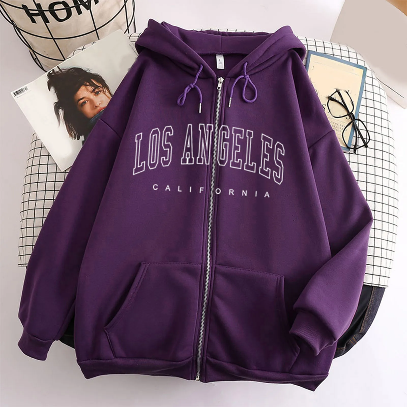 Los Angeles Print Zip Up Hoodies Women Hip Hop Oversize Leisure Sweatshirts Loose Pockets Drawstring Hooded Tops Cardigan Coats