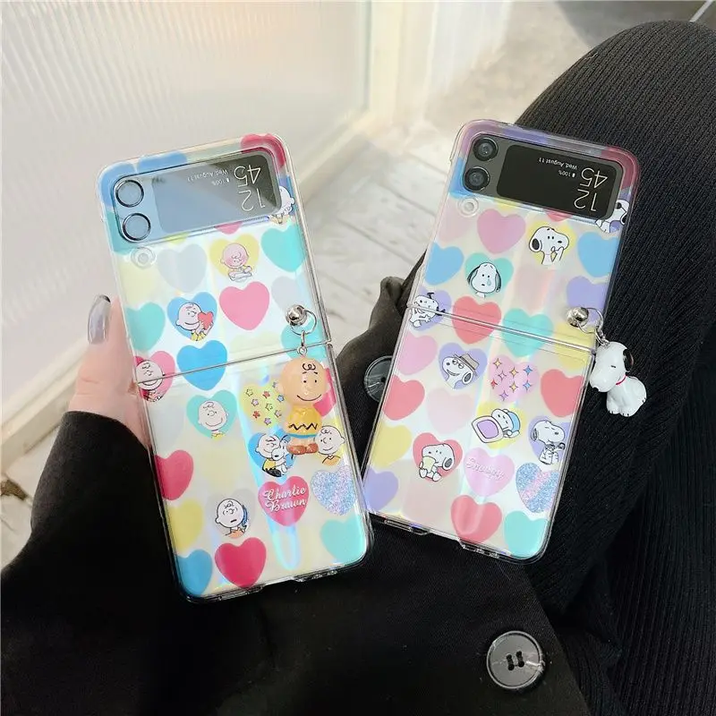 Cute Snoopys with Lanyardd Phone Case for Samsung Galaxy Z Flip 3 4 5 Z Flip 6 5G Pc Hard Anti-Fall Back Cover Hard Gift