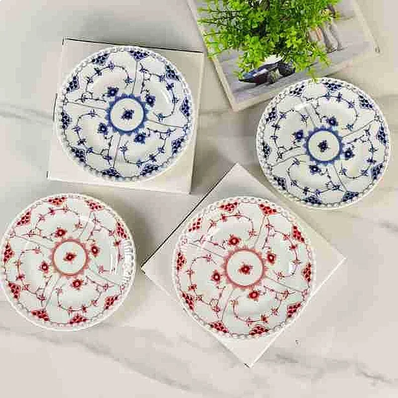 European Light Luxury Blue Lace Scroll Pattern Dessert Plate Afternoon Tea Snack Plate Bone China Fruit Dish Home Decor Gift