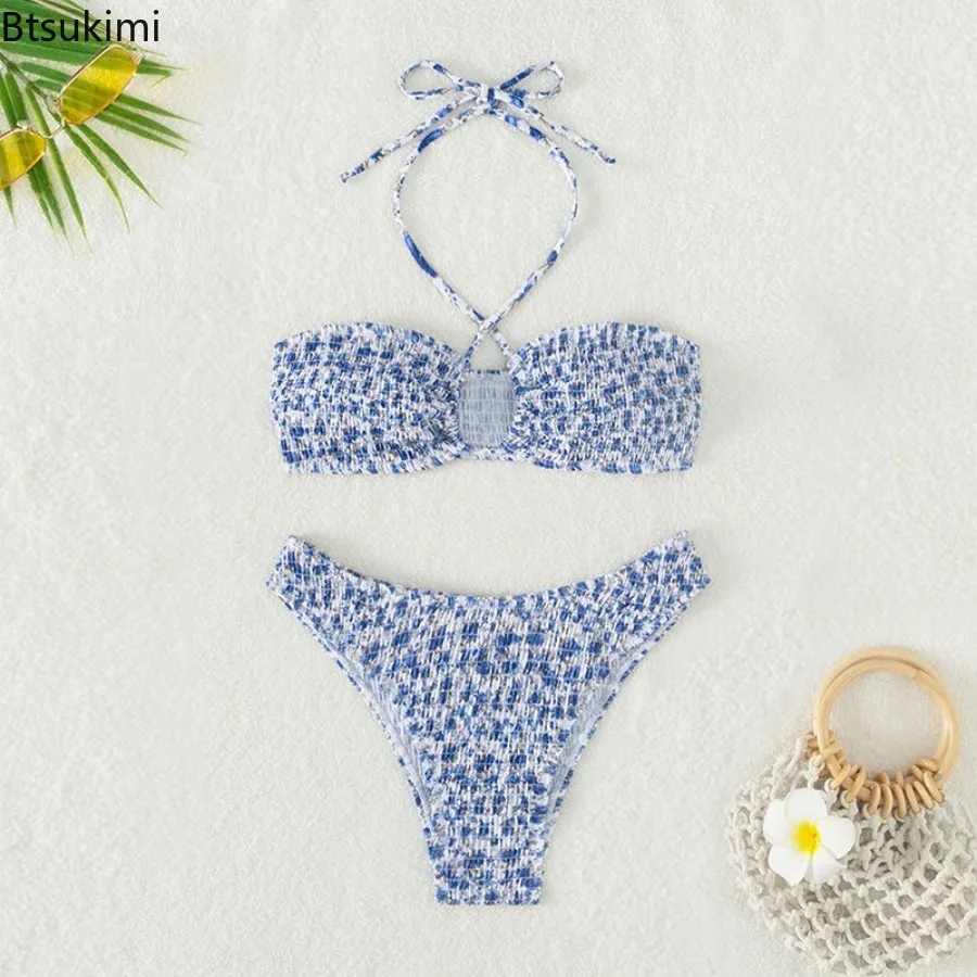 2025 Sexy Bathing Suit Women Printed Swimsuit Pleated Bikini Set Bow Tie Lace Up Two-piece Beachwear Summer New Halter Biquinis