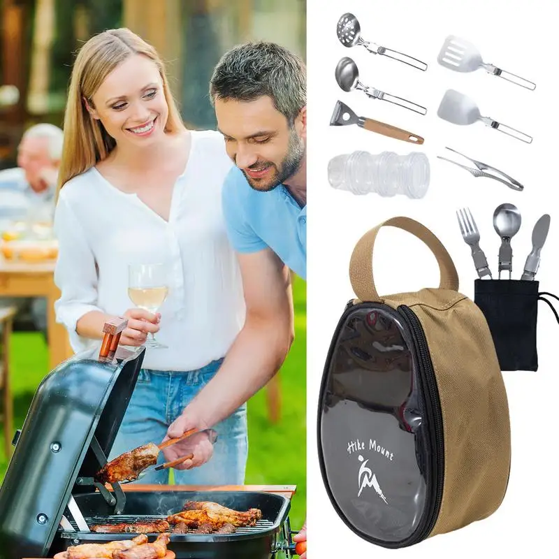 Juego de utensilios para acampar, 11 Uds., utensilios de cocina, cuencos y tenedores, Kit de acampada para barbacoa, bolsa organizadora plegable para exteriores, accesorios para acampar