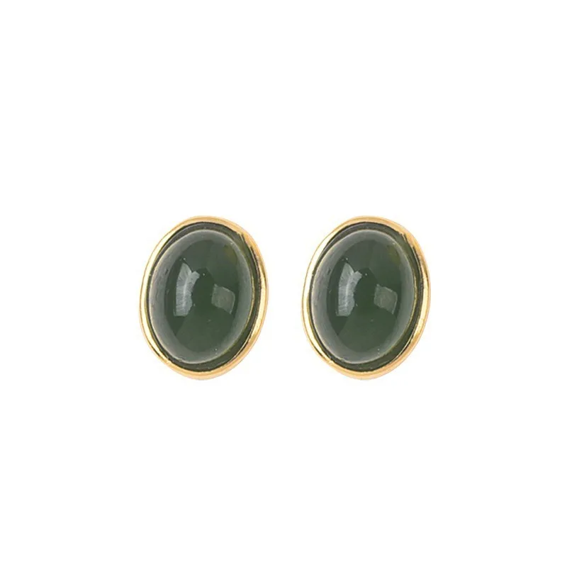 Natural Hetian jasper earrings sterling silver women's oval egg surface simple temperament light luxury gift silver jewelry