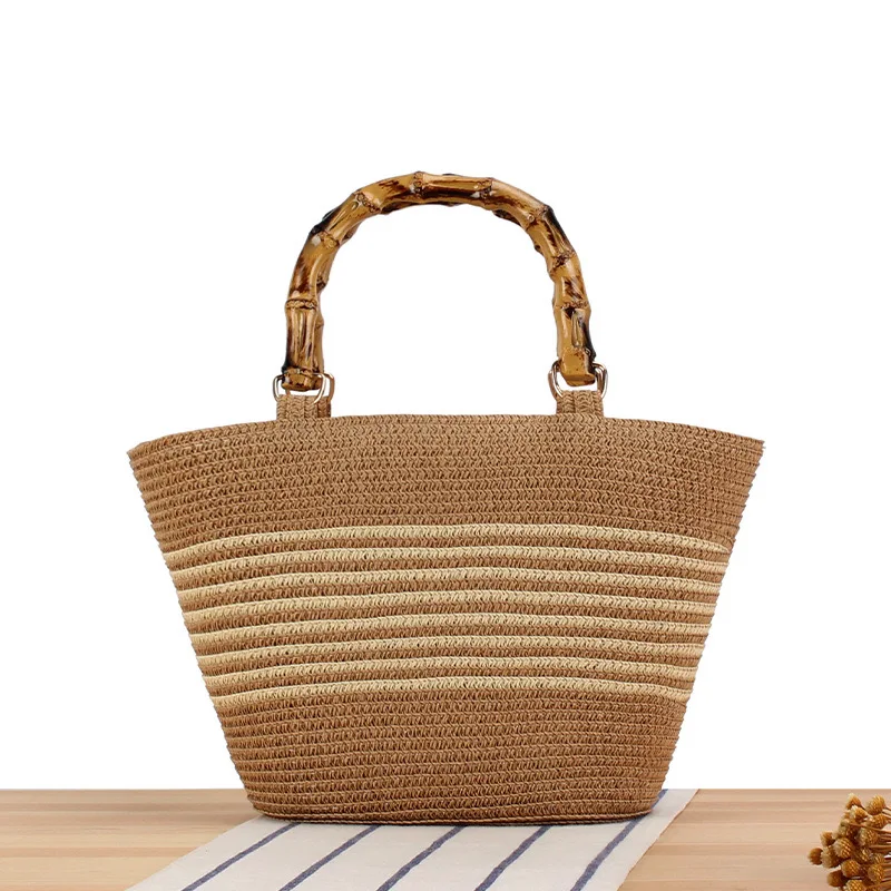 Borsa da spiaggia per le vacanze borsa di paglia retrò francese in bambù imitazione, borsa tessuta portatile a righe di grande capacità, borsa a