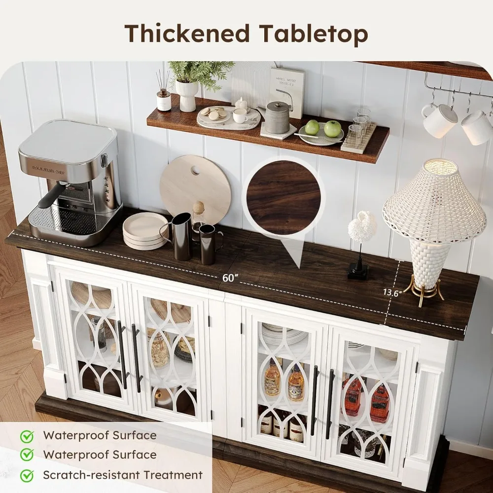 Aparador Buffet de granja con 4 puertas de vidrio, gabinete de almacenamiento para cafetería, vino, mesa de Buffet con estantes ajustables