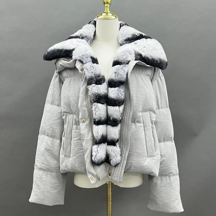 JANEFUR Natuurlijke Real Rex Konijnenbontkraag Warme Ganzendons Jassen Winter Vrouwen Vrouwelijke Uitloper Jassen JFB8-25007