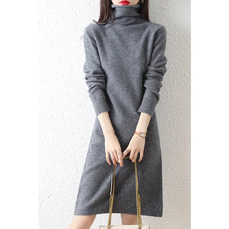 Autumn Winter 100% Wool Thicken Sweater  Long Dress Warm Basic Knit Pullover Women Slim Dress Solid Color Casual Dresses