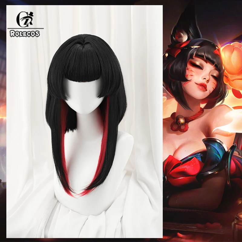 Rolecos jogo lol após horas espírito flor molas ahri peruca cosplay 40cm cor misturada feminino resistente ao calor cabelo sintético