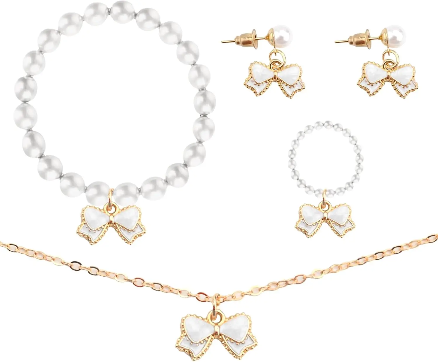 

4 PCS Kids Jewellery Set - Girls Bow Pendant Pearl Bracelet, Necklace, Ring, Earrings - Children's Jewellery for Daughter