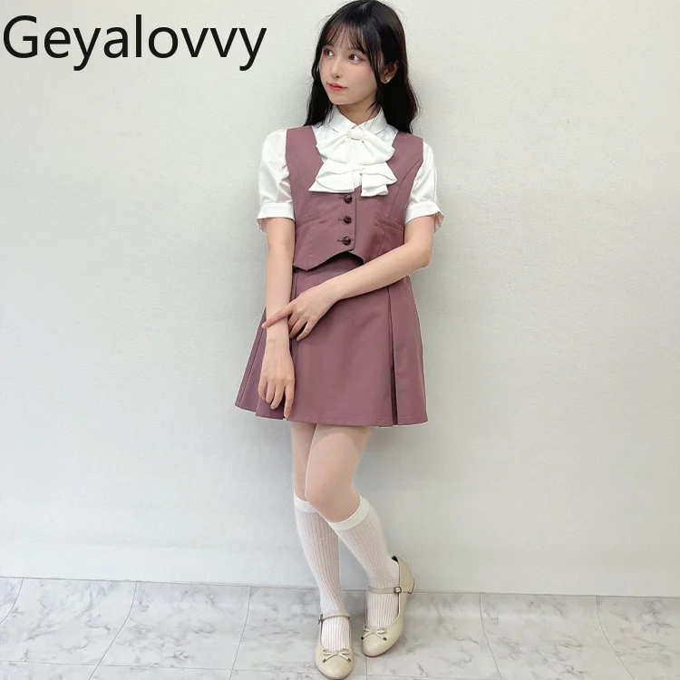 ملابس نسائية مكونة من قطعتين على طراز الكلية اليابانية متعددة الاستخدامات وأنيقة أساسية بدون أكمام، طقم سترة وتنورة كاجوال، طقم صيفي أنيق #5