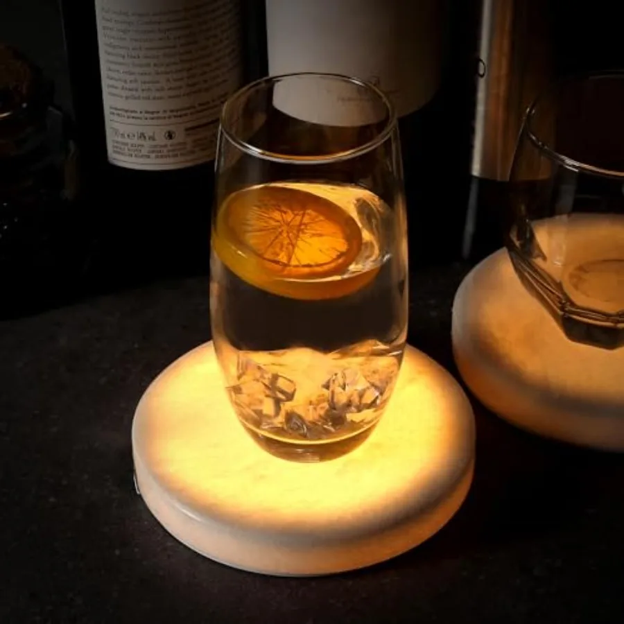 

5" Round Coaster Marble LED Light Base Display Pedestals, Luxury Aesthetic Modern Drink Coaster for Table Décor Home Décor, Rea