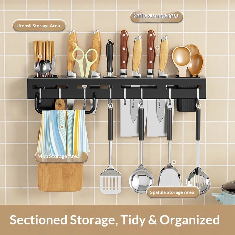 Wall‑Mounted Kitchen Knife Storage Rack No‑Drill Installation Multifunctional Cutlery Organizer with Chopstick Cylinder Hooks