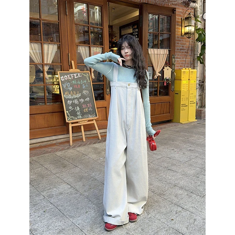Women's Beige Denim Overalls 2026 Spring Casual Loose Straight Wide Leg Bib Pants Personalized High Waist Sleeveless Jumpsuit
