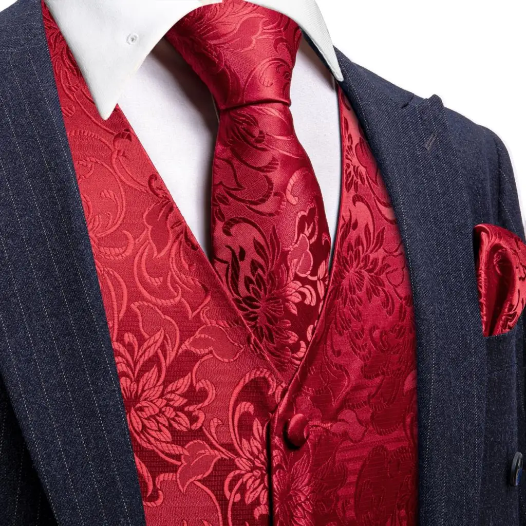 Elegant Men\'s Vest Dress Silk Embroidered Red Burgundy Paisley Flower Formal Suit Waistcoat Tie Set Jacket Wedding Barry Wang