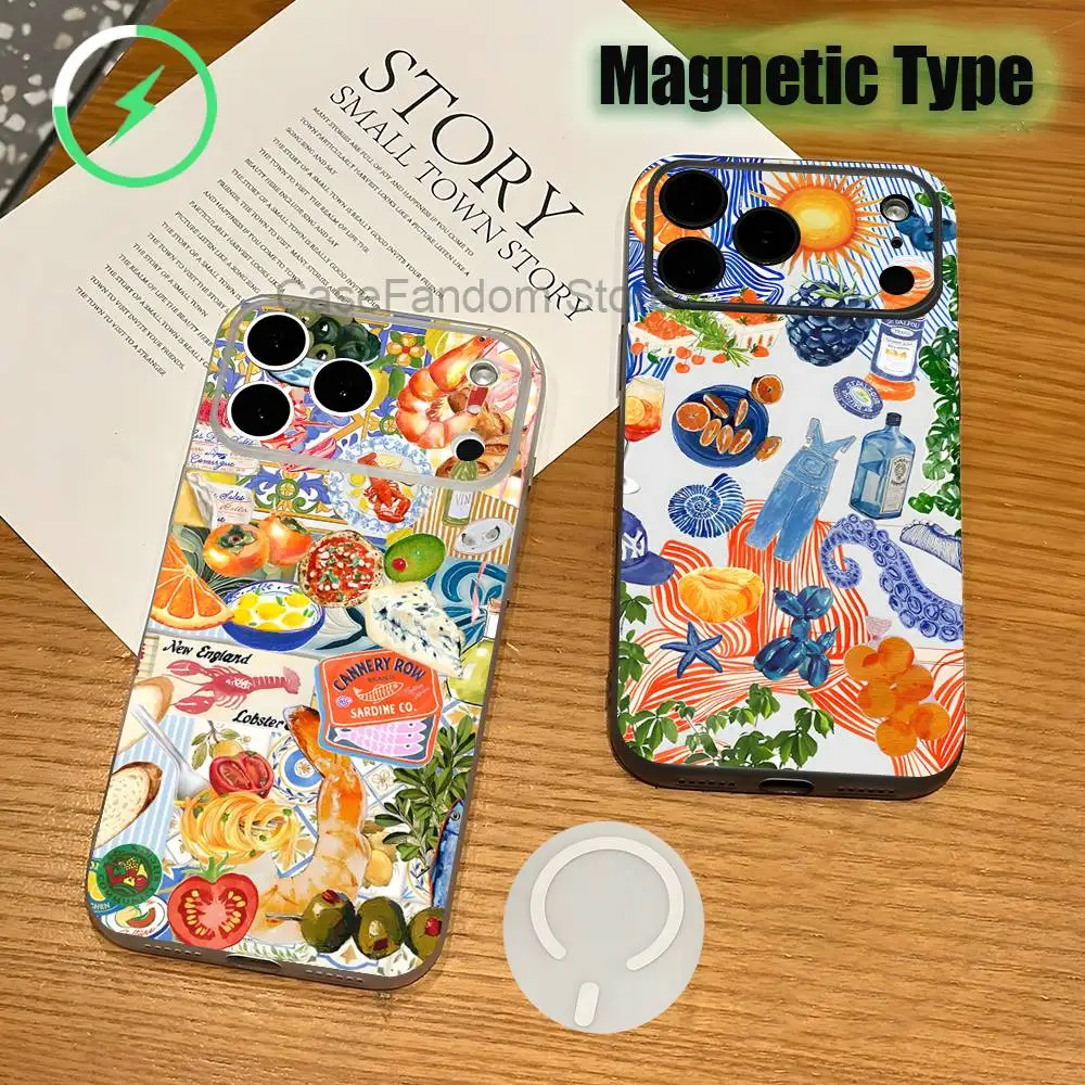 

Cute Mediterranean Shockproof Transparent White Phone Case For iPhone 17,16,15,14,13,12,11,Pro,Max Magnetic Wireless Charging