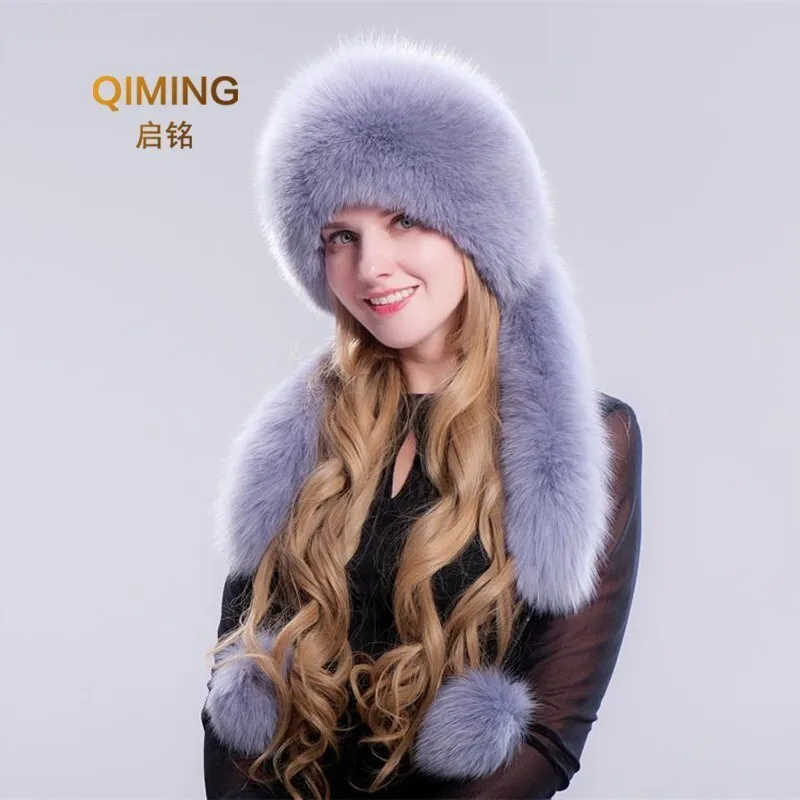 New Fox Fur Hat Pompom Thicken Winter Pom Pom Cap For Women Ear Protection Woman Keep Warm Long Tassels Rabbit Hat Top Beanies