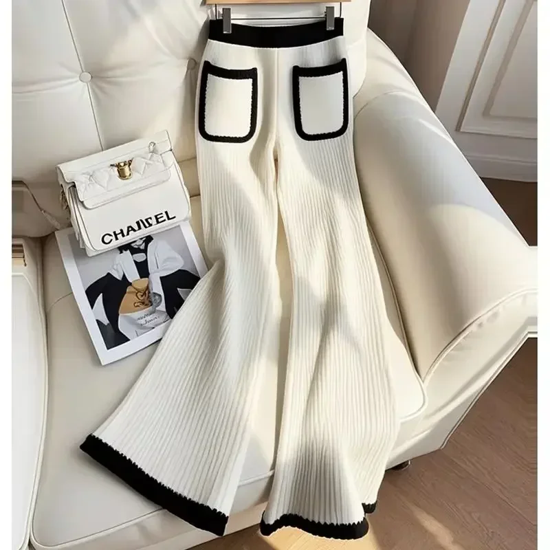 

Женские повседневные шерстяные брюки с небольшим ароматом, свободные эластичные талии контрастного цвета, трикотаж, новые осенне-зимние вязаные широкие брюки