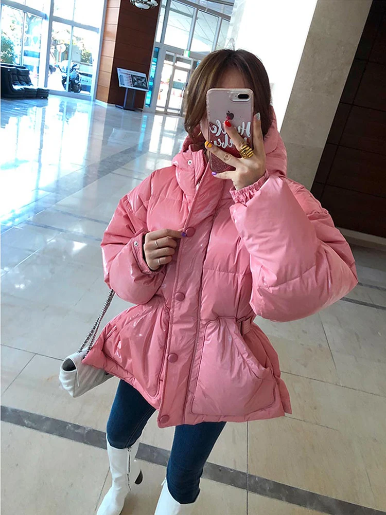 Pink Down Jacket For Women Korean Loose And Fashionable Waist Cinched White Duck Down Winter Jacket Hooded Coat Trendy