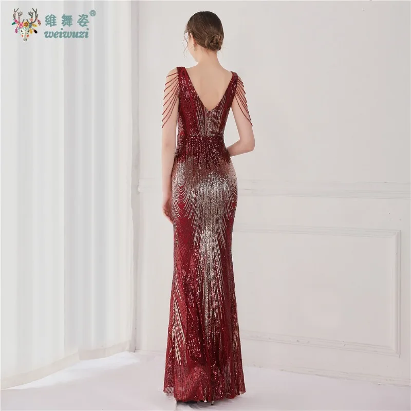 큰 사이즈 스팽글 비즈 자수 정장 이브닝 드레스 섹시한 딥 브이넥 민소매 비즈 슬리밍 머메이드 이브닝 드레스